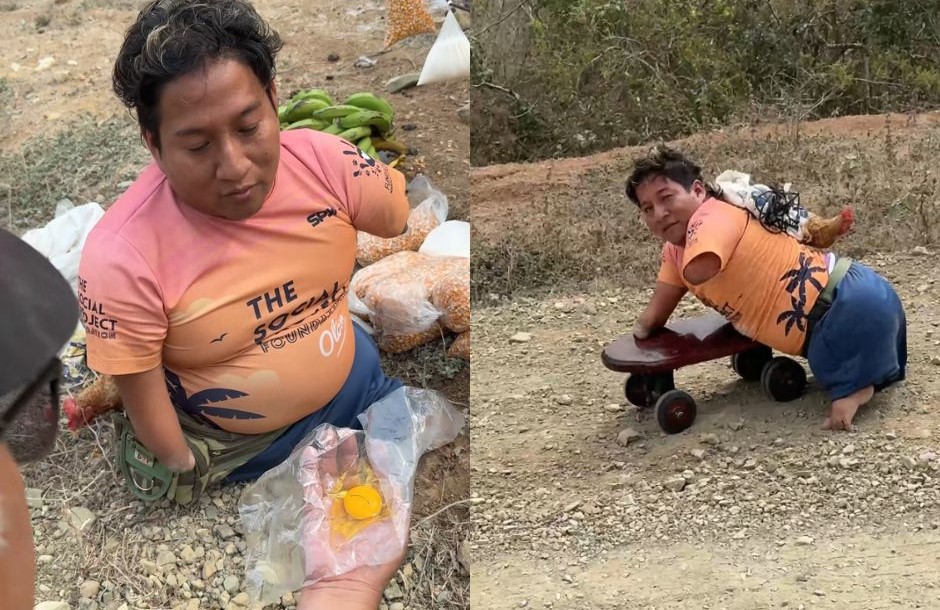 Jonatan working hard - selling produce and moving on his makeshift cart